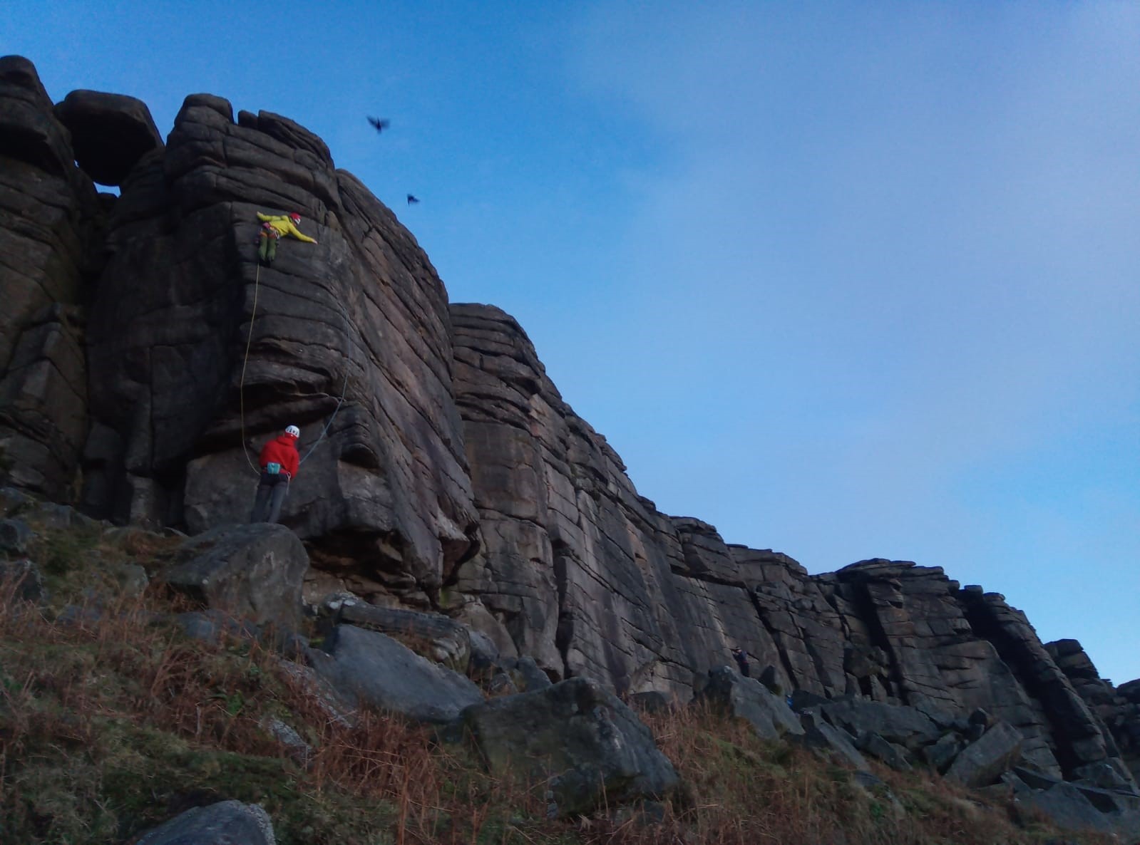 Peak District/Sheffield climbing club on Black Magic, Stanage